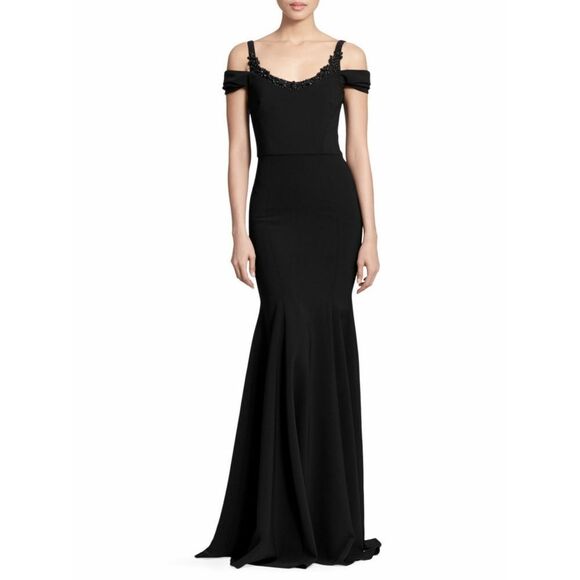 New! MARCHESA NOTTE Women's Beaded Neckline Cold-Shoulder Black Gown Dress 14 - Picture 5 of 13